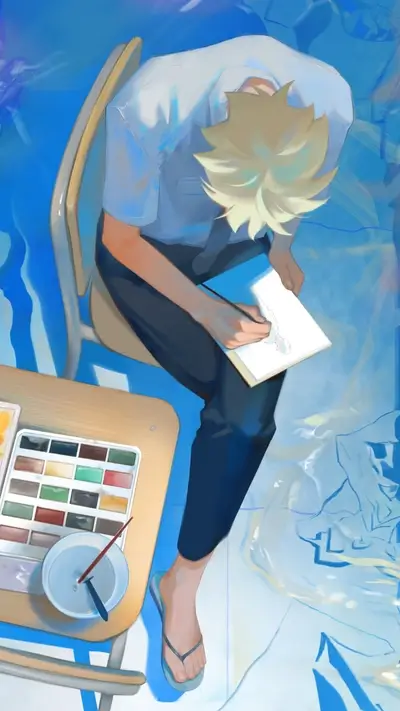 Blond boy sketching in a blue room