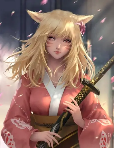 Blond fox girl in kimono holds katana