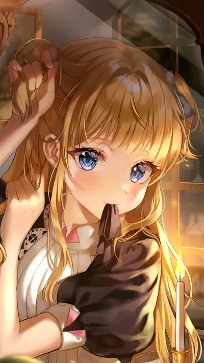 Blond girl fixing her hair by a candlelit window
