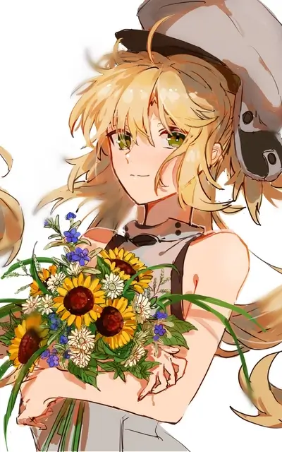 Blond girl holding bouquet of colorful sunflowers, white and blue flowers