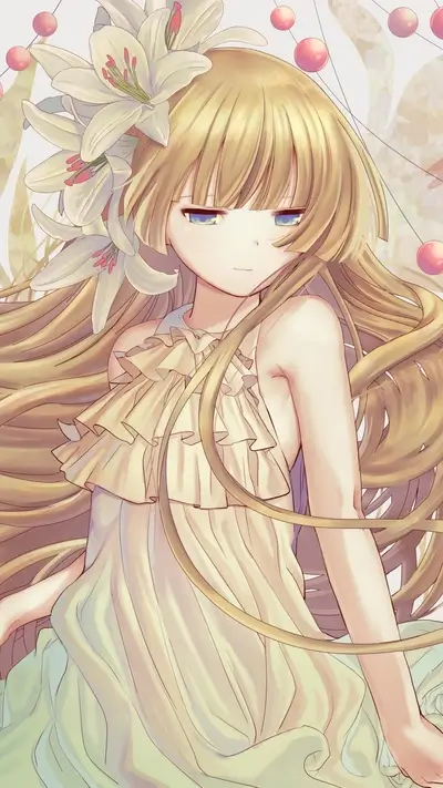 Blond girl in a light dress with lilies