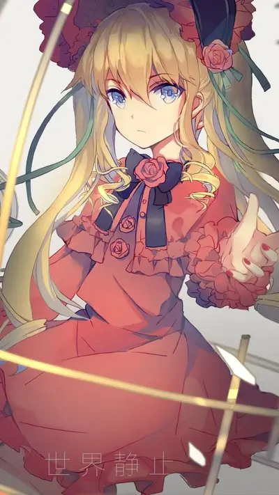 Blond girl in a red dress, roses, and a cage