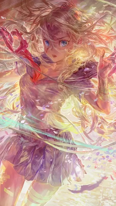 Blond girl in a sailor uniform, surrounded by light and petals