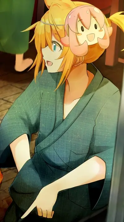 Blond girl in a yukata with a cute head accessory
