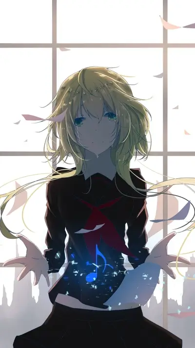 Blond girl in school uniform with tear, music notes