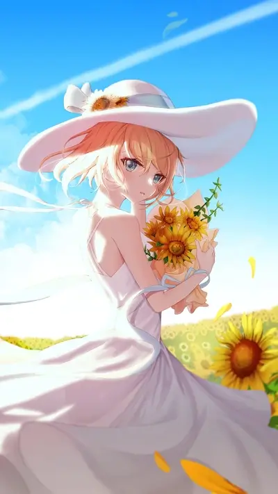 Blond girl in white dress holding sunflowers