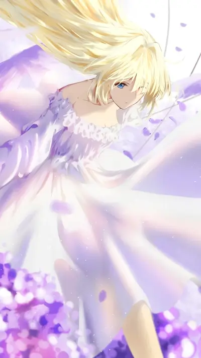 Blond girl in white dress, surrounded by purple flowers