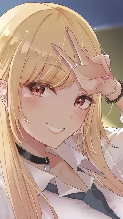Blond girl smiling, peace sign