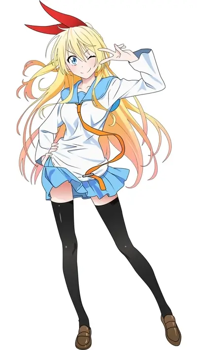 Blond girl winking and making a peace sign in a school uniform