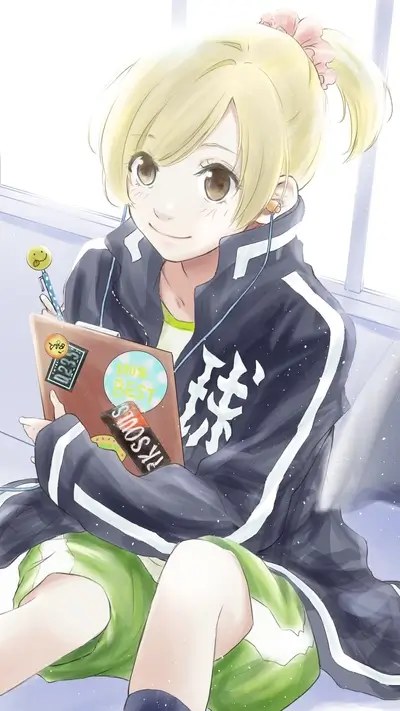 Blond girl with headphones and notebook