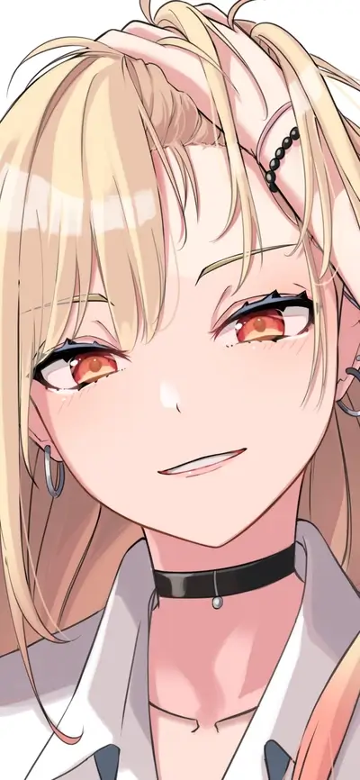 Blond girl with red eyes, smirking slightly