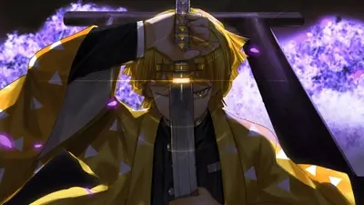 Blond hair swordsman holding katana in front of torii gate