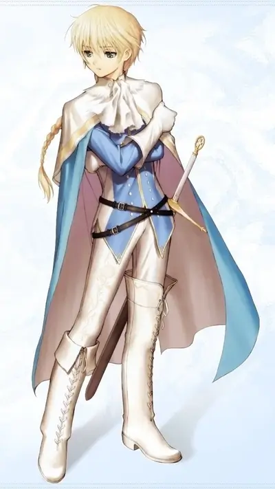 Blond-haired boy in a long coat and boots, holding a sword