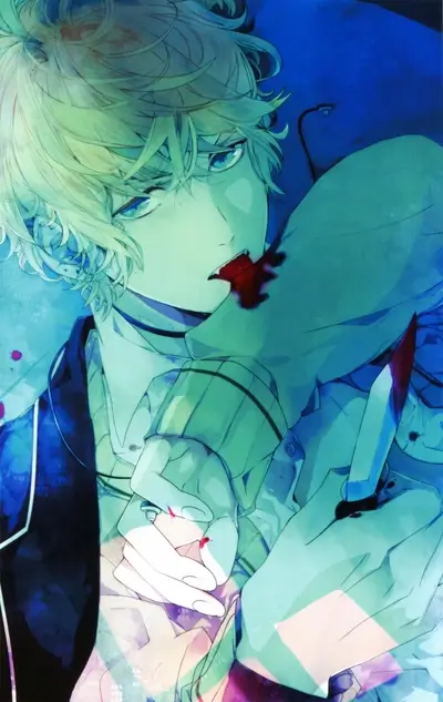 Blond haired boy with blood on his mouth, holding a knife