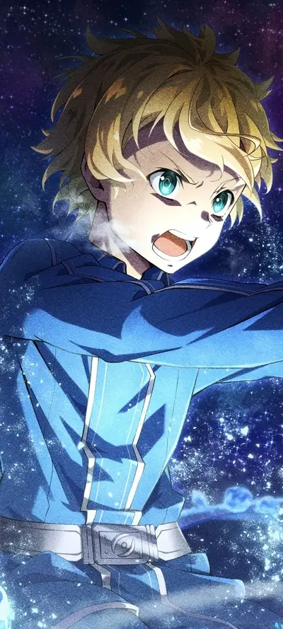 Blond haired character intensely looking out, starry background