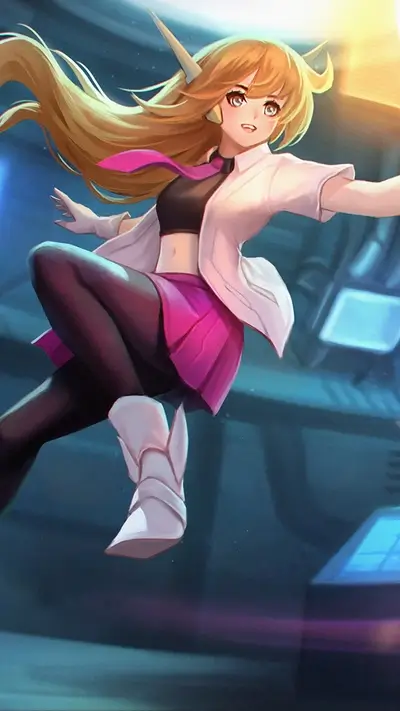 Blond-haired girl with elf ears levitates in a futuristic, sci-fi environment
