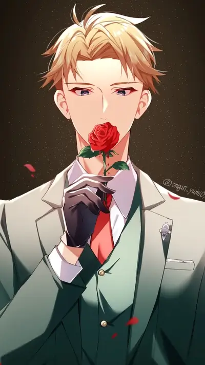 Blond man in a suit holding a red rose