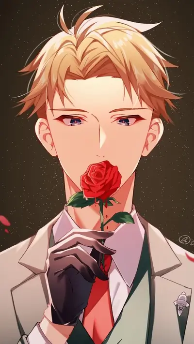 Blond man in suit holding a red rose