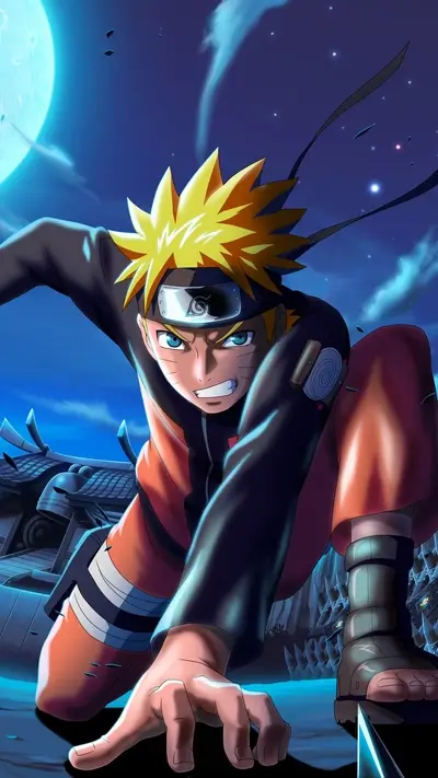 Blond ninja in a crouching stance on rooftop against a moonlit sky, ready for battle