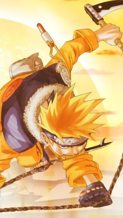 Blond spiky-haired individual in orange and black attire, poised with determination