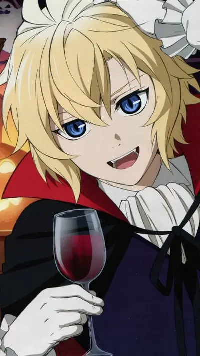 Blond vampire character with fangs, holding red drink in wine glass