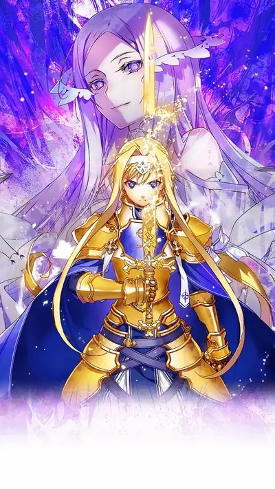 Blond warrior girl in golden armor wielding a sword, long-haired woman stands in background