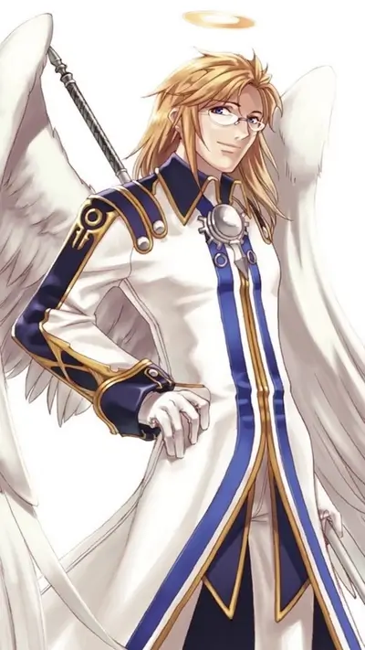 Blonde angel, wearing glasses and white garment, carrying weapon, standing, and halo above head.