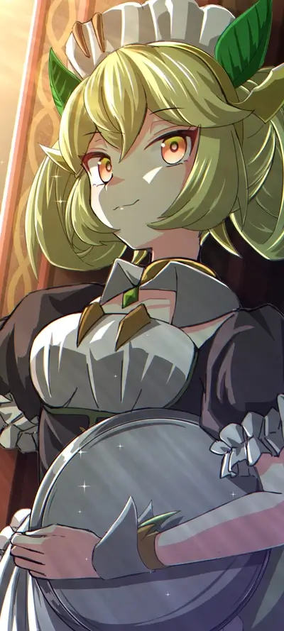 Blonde anime character serving a tray with a smile.