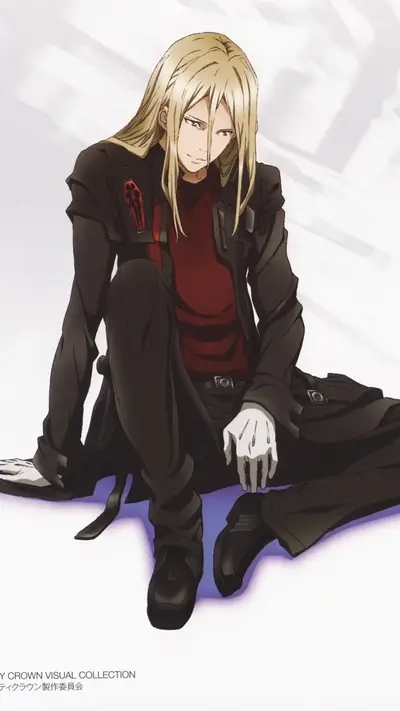 Blonde anime character sitting down, wearing a black coat with red shirt