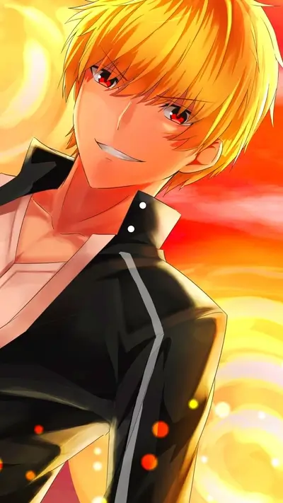 Blonde anime character smiling mysteriously against vibrant orange and yellow light