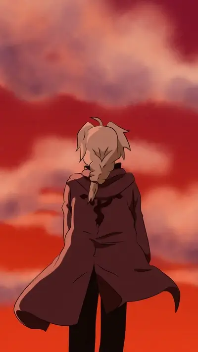 Blonde anime character standing in front of a red sky, wearing a dark robe.