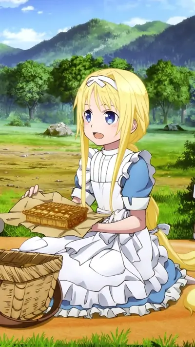 Blonde anime girl eating pie, nature scenery