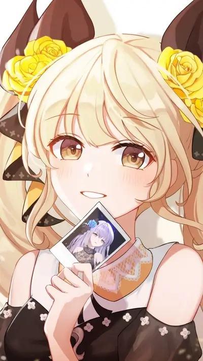 Blonde anime girl holding a photo of a purple-haired girl, wearing roses in hair
