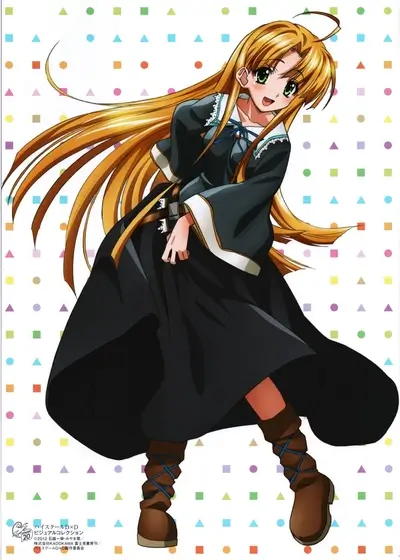 Blonde anime girl in dark dress smiling