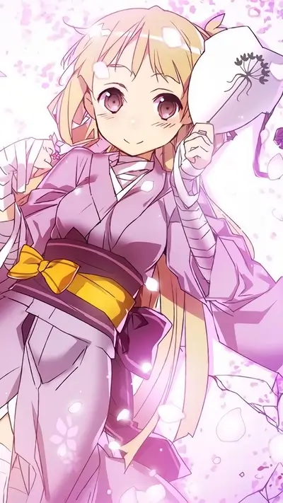 Blonde anime girl in kimono holding fan amid falling petals.