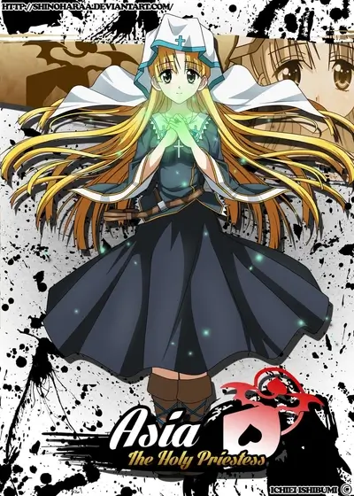 Blonde anime girl in nun outfit, with glowing hands and a cross on her head.