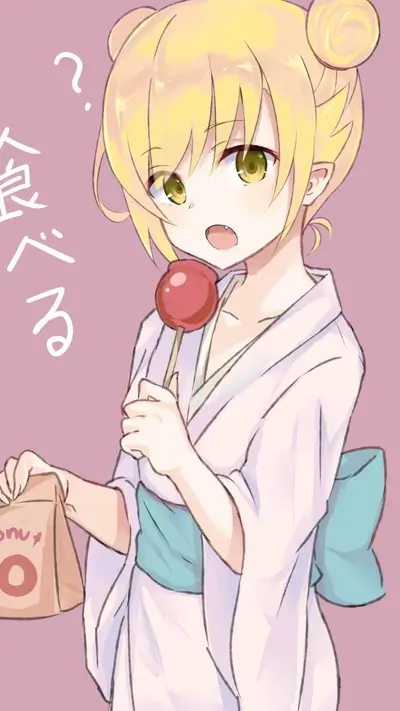 Blonde anime girl in yukata with candy apple