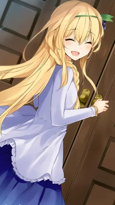 Blonde anime girl opening door with smile