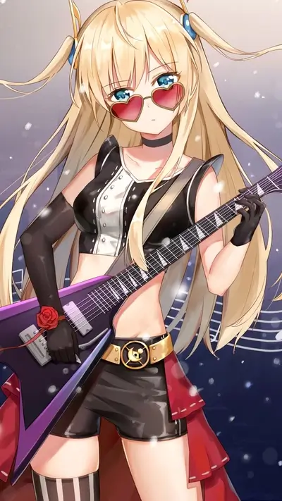 Blonde anime girl playing a guitar