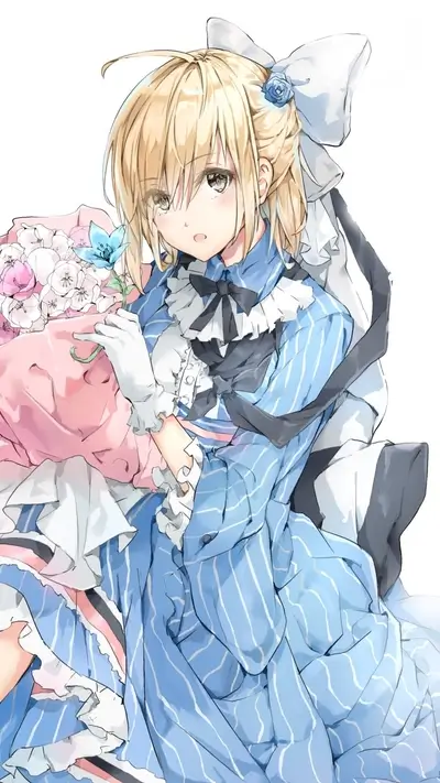 Blonde anime girl seated, in blue and white dress, holding a flower