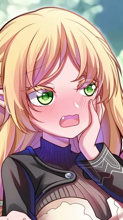 Blonde anime girl showing blush with hand near face