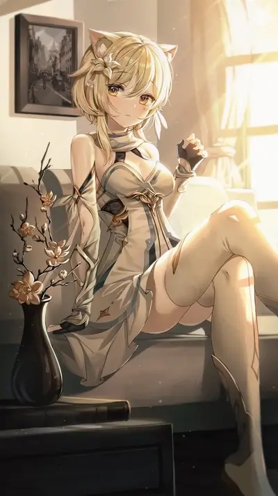 Blonde anime girl sitting on a couch, bathed in sunlight with cat ears