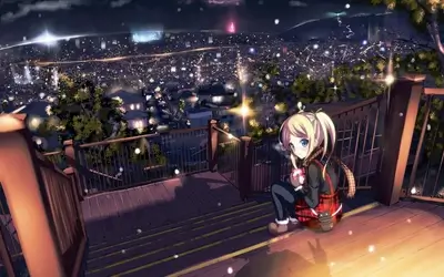 Blonde anime girl sitting on stairs overlooking brightly lit town