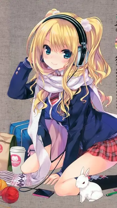 Blonde anime girl sitting with a white rabbit and other objects