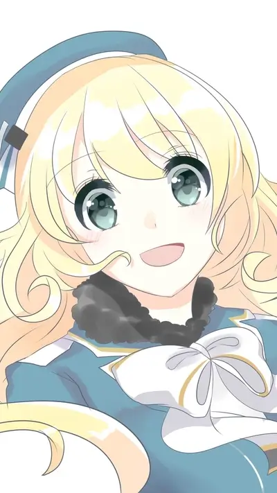 Blonde anime girl smiling, wearing a blue and white sailor-style outfit