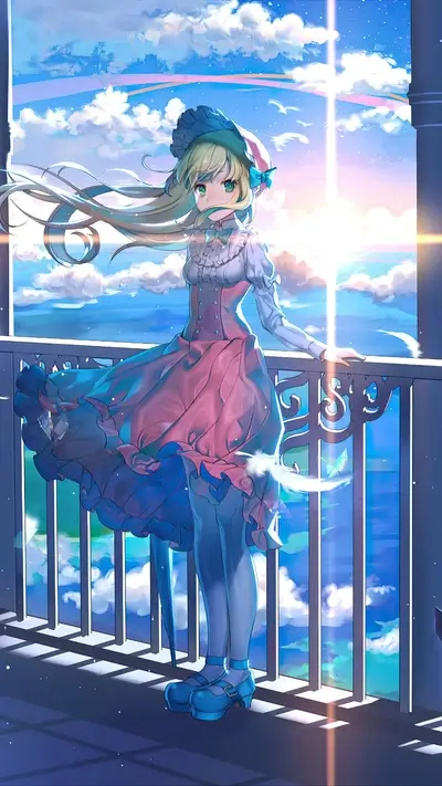 Blonde anime girl stands on balcony with stunning sunny, rainbow sky