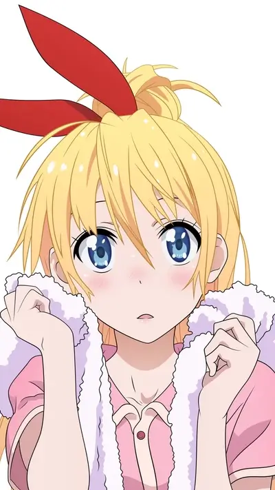 Blonde anime girl with big eyes, red bow, and pink clothes