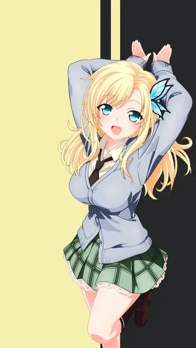 Blonde anime girl with blue eyes and butterfly hair clip posing