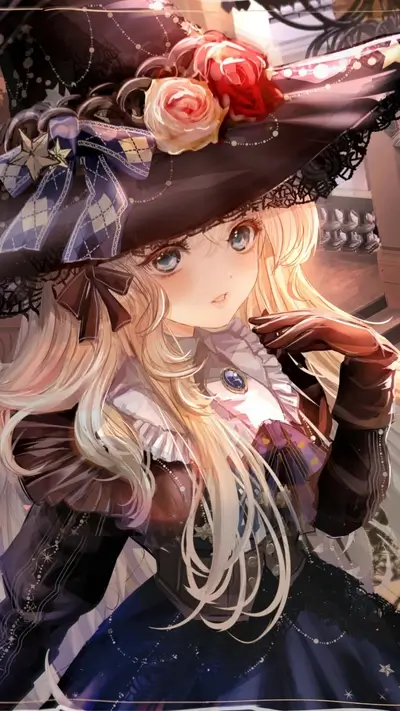 Blonde anime girl with blue eyes wearing a black hat with flowers