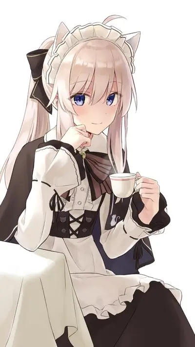 Blonde anime girl with cat ears enjoying tea